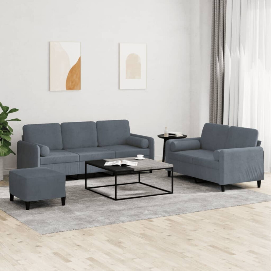vidaXL 3-delige Loungeset met kussens fluweel donkergrijs vidaXL 3-delige Loungeset met kussens fluweel donkergrijs afbeelding 1