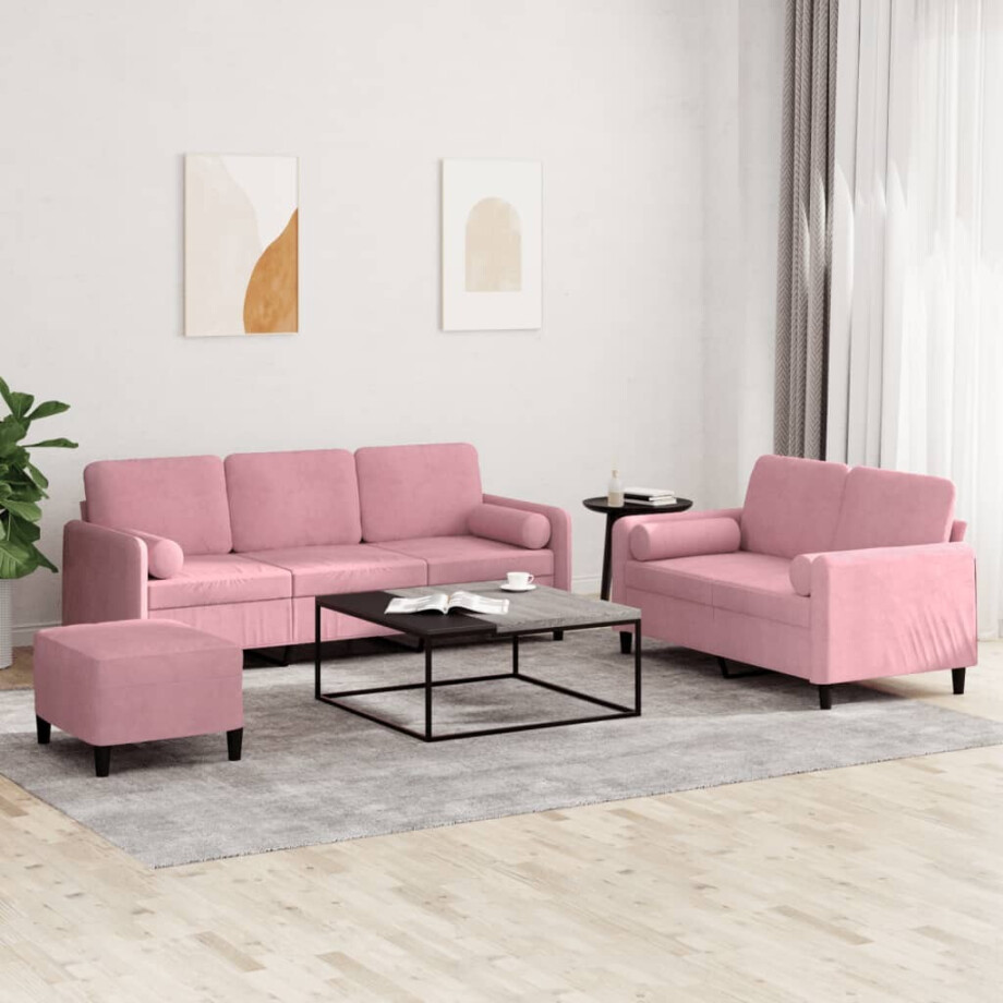 vidaXL 3-delige Loungeset met kussens fluweel roze afbeelding 1