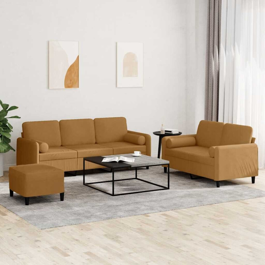 vidaXL 3-delige Loungeset met kussens fluweel bruin afbeelding 1