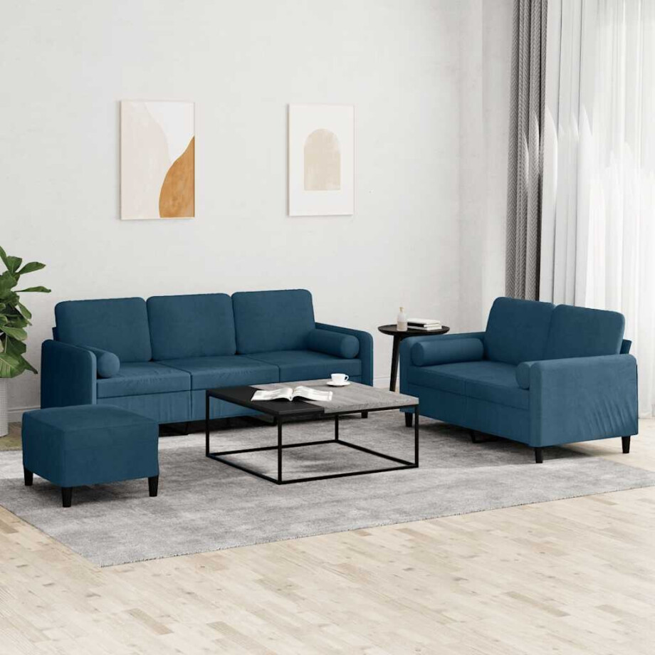vidaXL 3-delige Loungeset met kussens fluweel blauw afbeelding 1