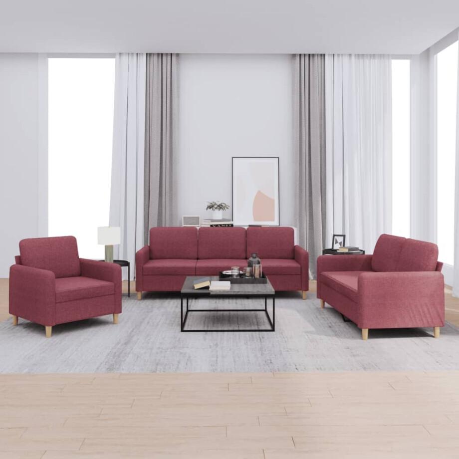 vidaXL 3-delige Loungeset met kussens stof wijnrood afbeelding 1