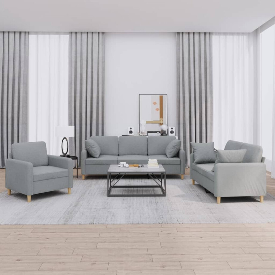 vidaXL 3-delige Loungeset met kussens stof lichtgrijs afbeelding 1