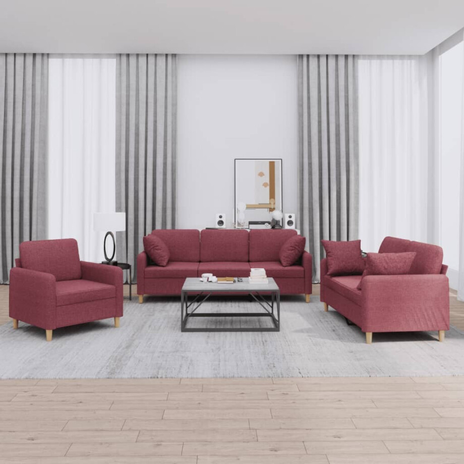 vidaXL 3-delige Loungeset met kussens stof wijnrood afbeelding 1