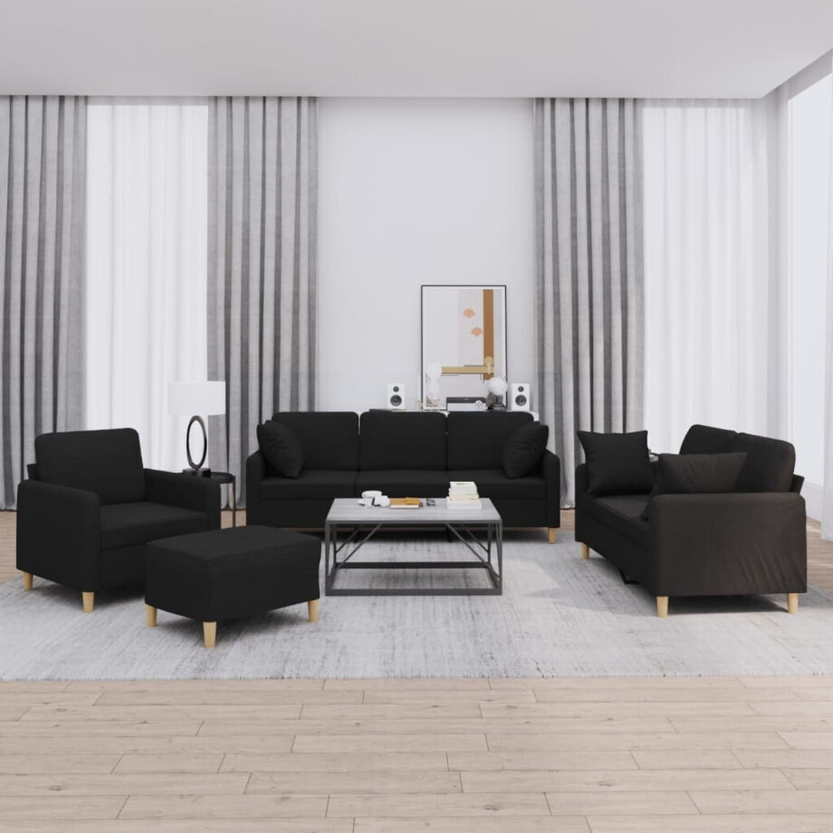 vidaXL 4-delige Loungeset met kussens stof zwart vidaXL 4-delige Loungeset met kussens stof zwart afbeelding 1