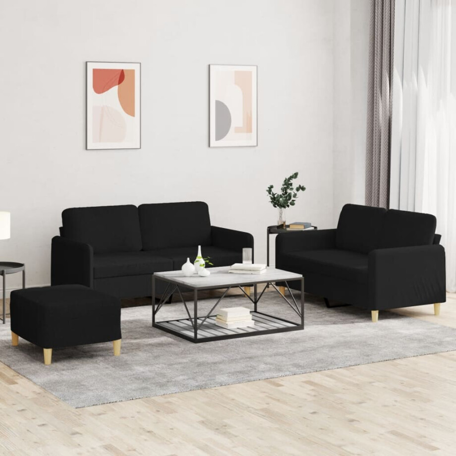 vidaXL 3-delige loungeset met kussens stof zwart vidaXL 3-delige loungeset met kussens stof zwart afbeelding 1