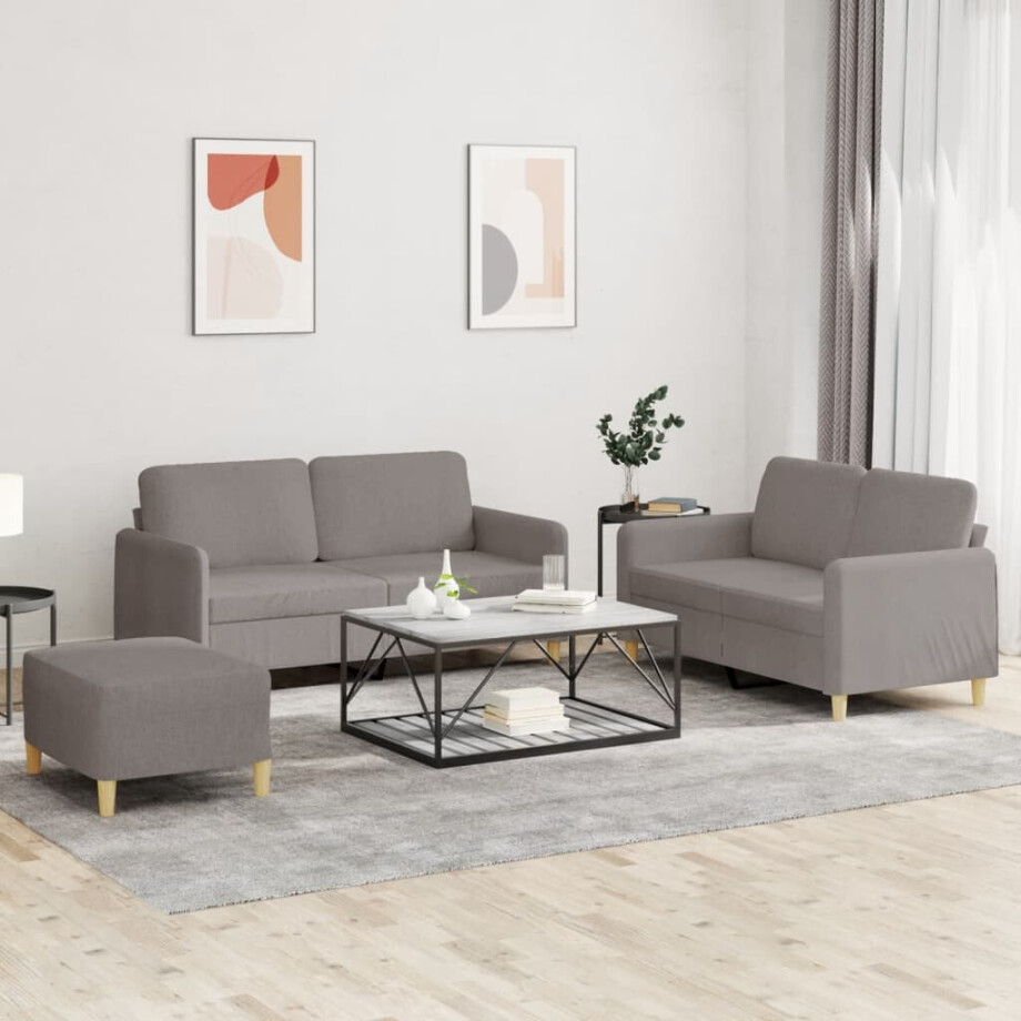 vidaXL 3-delige Loungeset met kussens stof taupe afbeelding 1