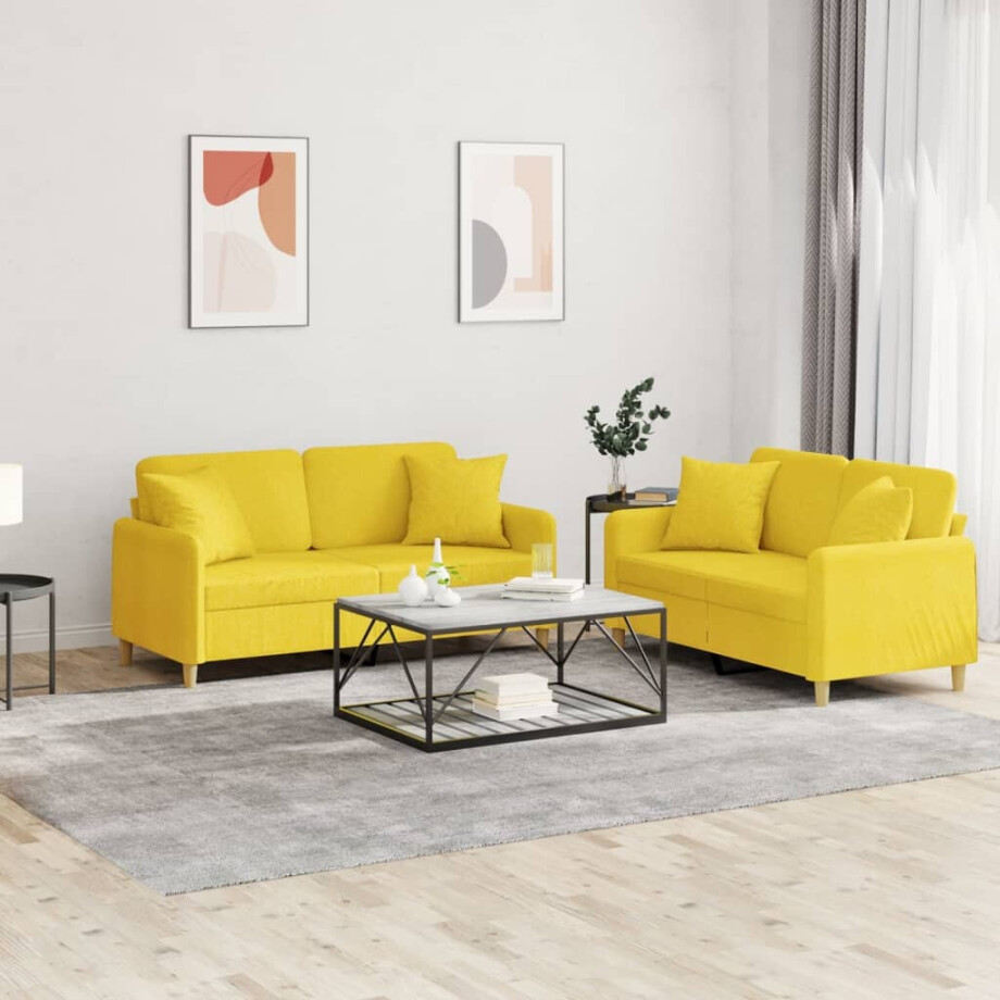 vidaXL 2-delige Loungeset met kussens stof lichtgeel afbeelding 1