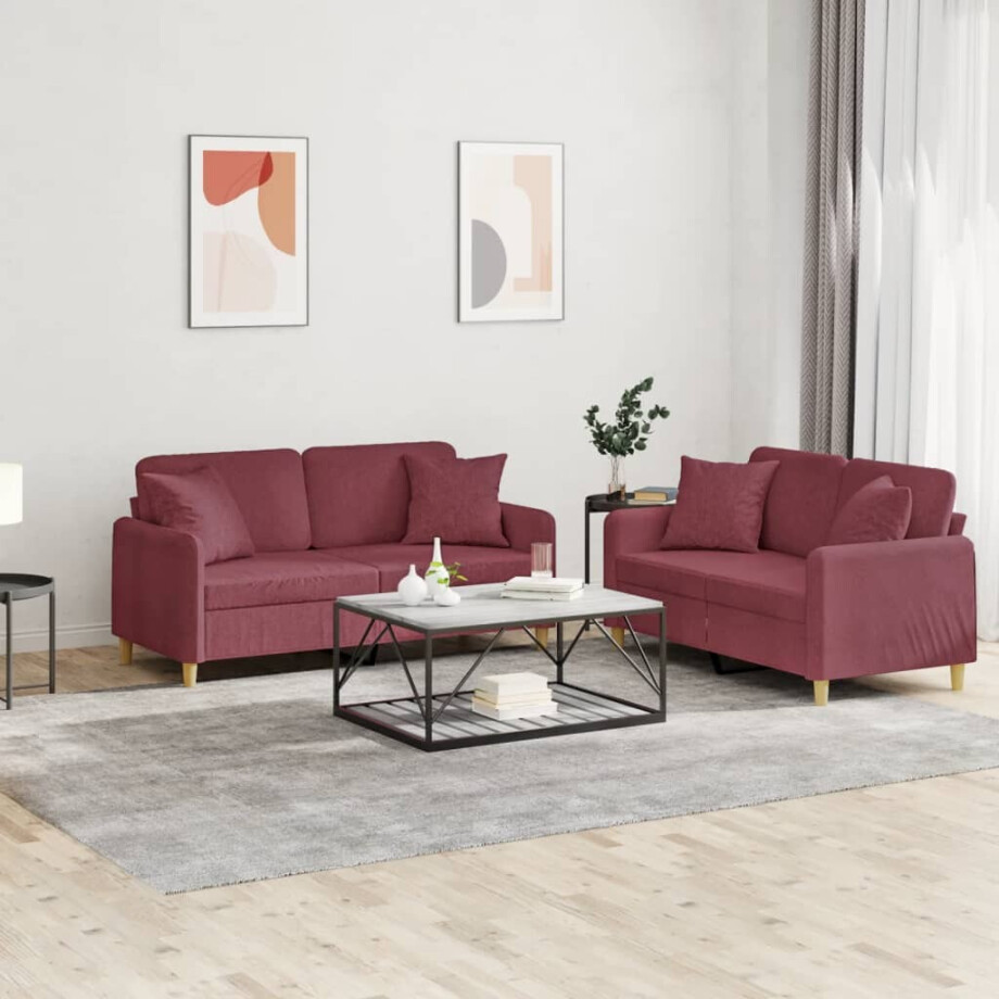 vidaXL 2-delige Loungeset met kussens stof wijnrood vidaXL 2-delige Loungeset met kussens stof wijnrood afbeelding 1