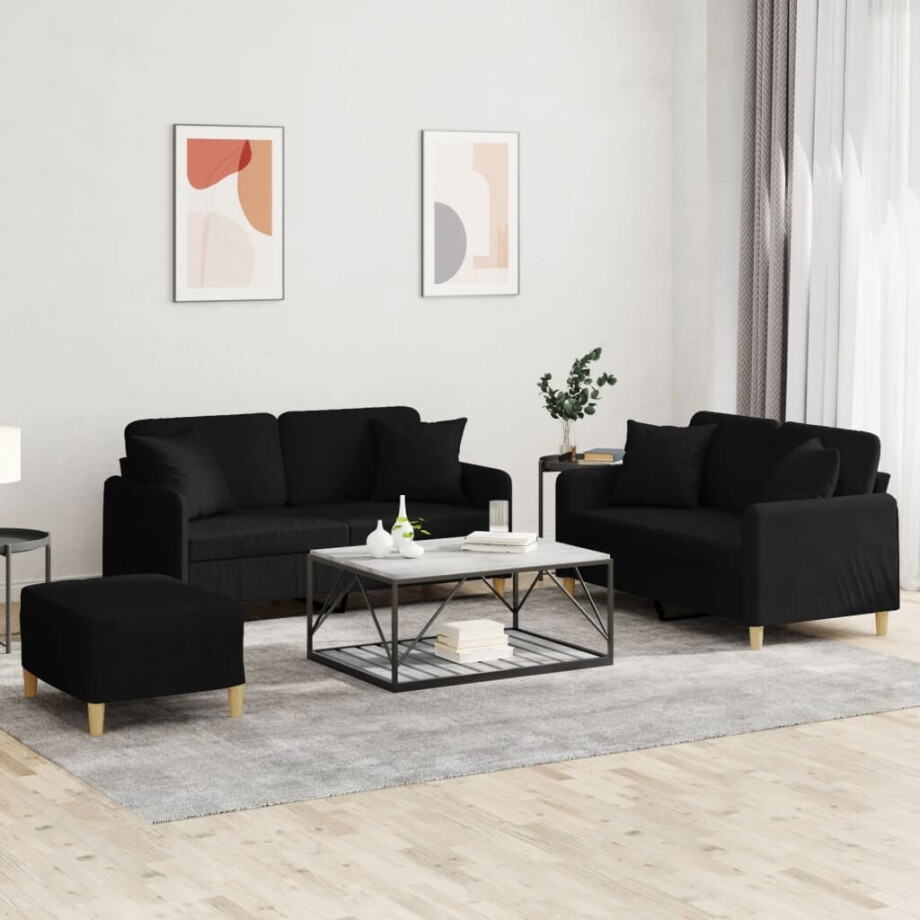 vidaXL 3-delige Loungeset met kussens stof zwart vidaXL 3-delige Loungeset met kussens stof zwart afbeelding 1