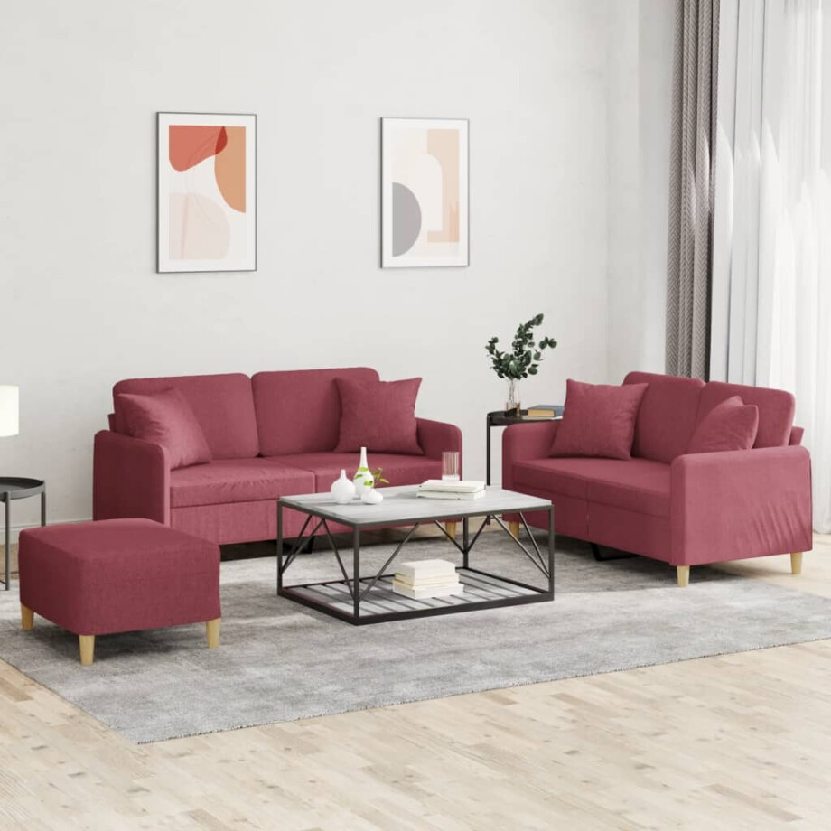 vidaXL 3-delige Loungeset met kussens stof wijnrood afbeelding 1