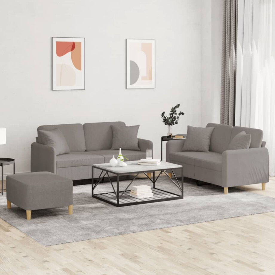 vidaXL 3-delige Loungeset met kussens stof taupe afbeelding 1