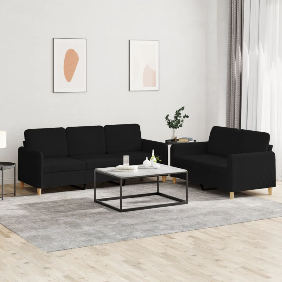 vidaXL 2-delige loungeset met kussens stof zwart afbeelding 1
