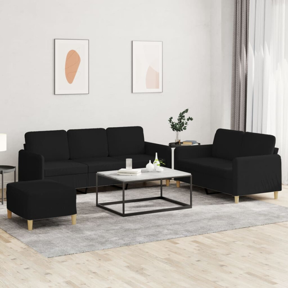 vidaXL 3-delige loungeset met kussens stof zwart afbeelding 1