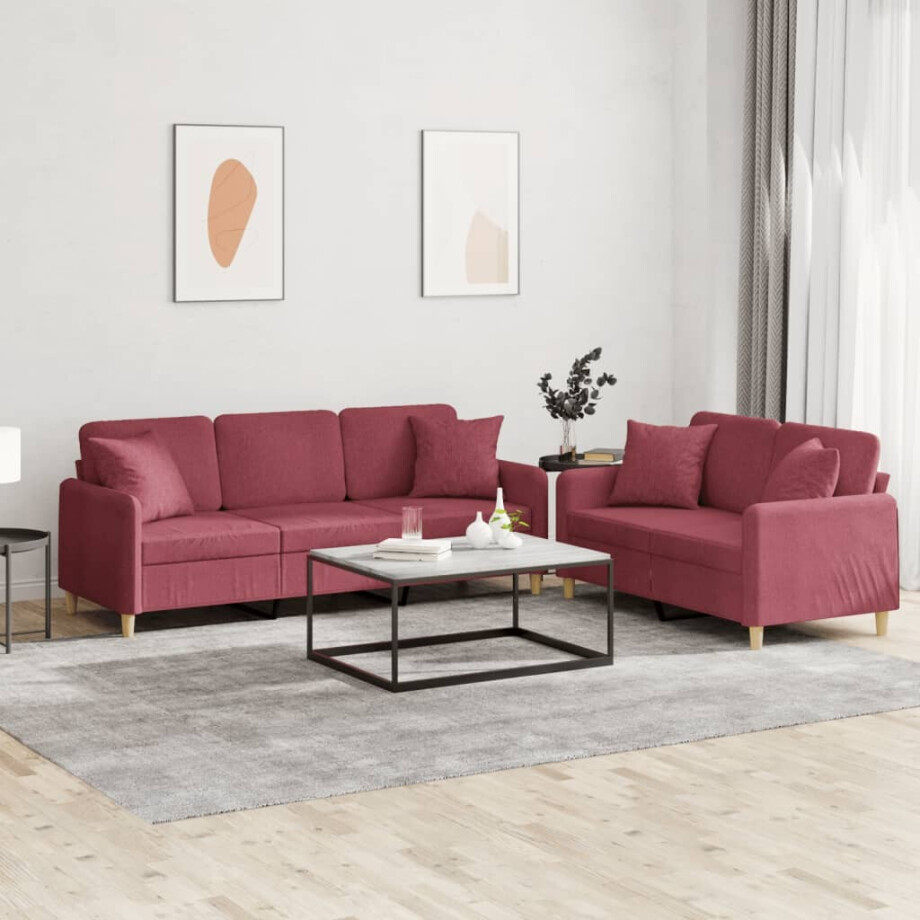vidaXL 2-delige Loungeset met kussens stof wijnrood vidaXL 2-delige Loungeset met kussens stof wijnrood afbeelding 1