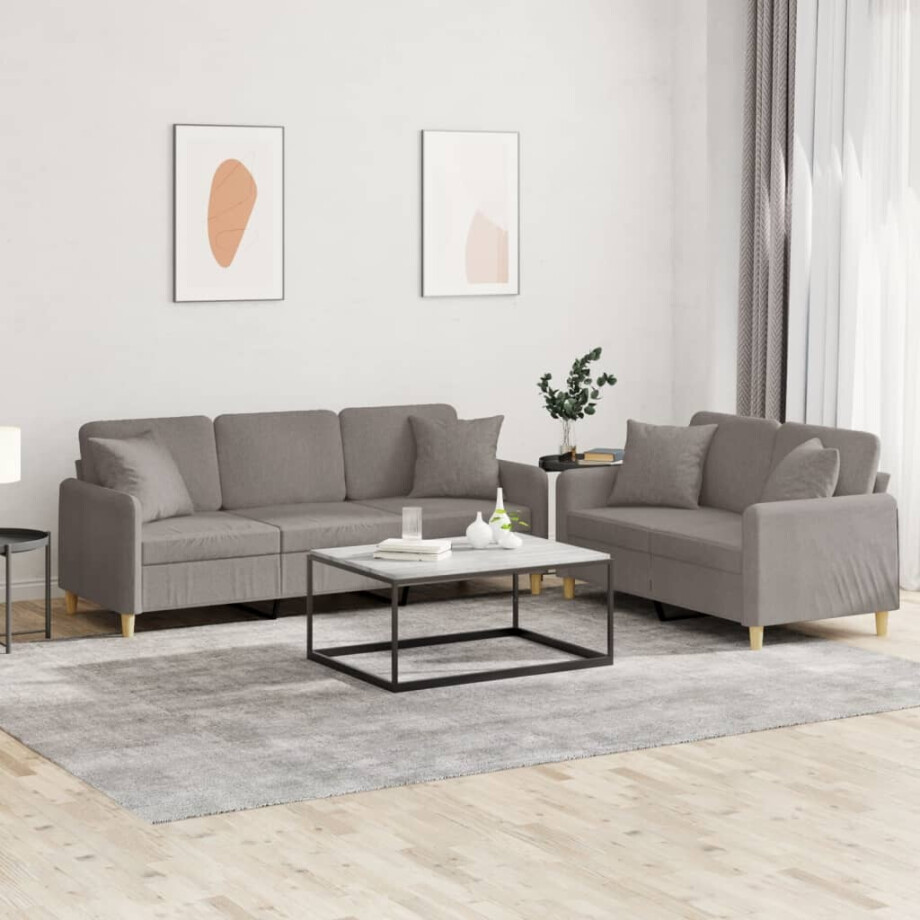 vidaXL 2-delige Loungeset met kussens stof taupe afbeelding 1