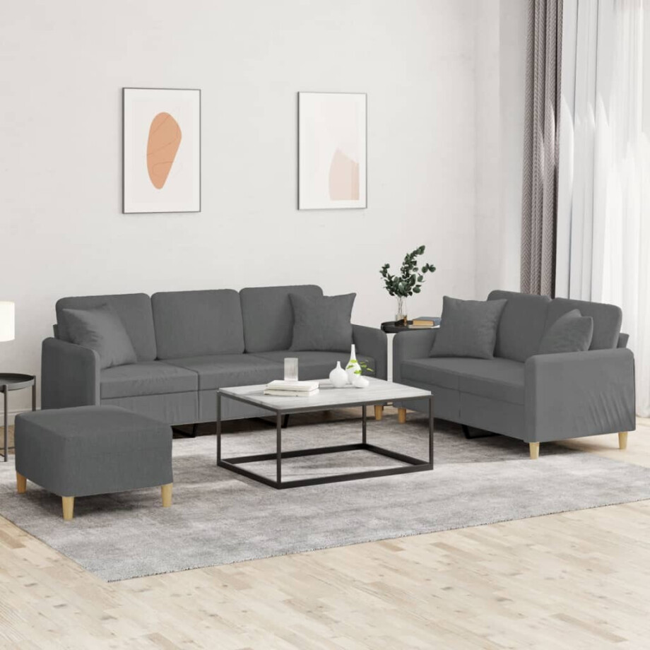 vidaXL 3-delige Loungeset met kussens stof donkergrijs vidaXL 3-delige Loungeset met kussens stof donkergrijs afbeelding 1