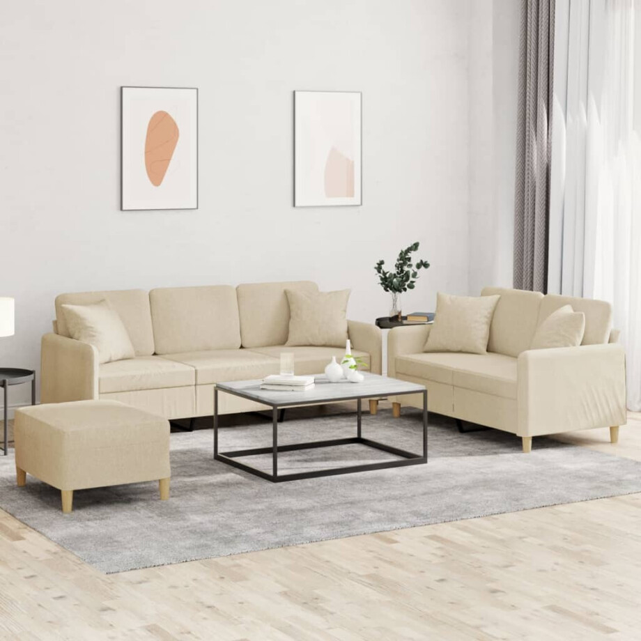 vidaXL 3-delige Loungeset met kussens stof crèmekleurig vidaXL 3-delige Loungeset met kussens stof crèmekleurig afbeelding 1