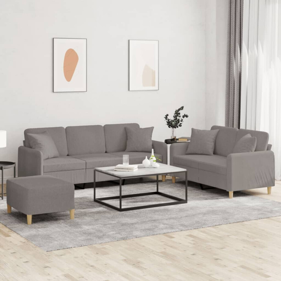 vidaXL 3-delige Loungeset met kussens stof taupe afbeelding 1