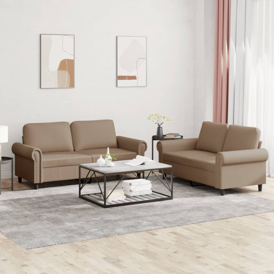 vidaXL 2-delige Loungeset met kussens kunstleer cappuccino afbeelding 1