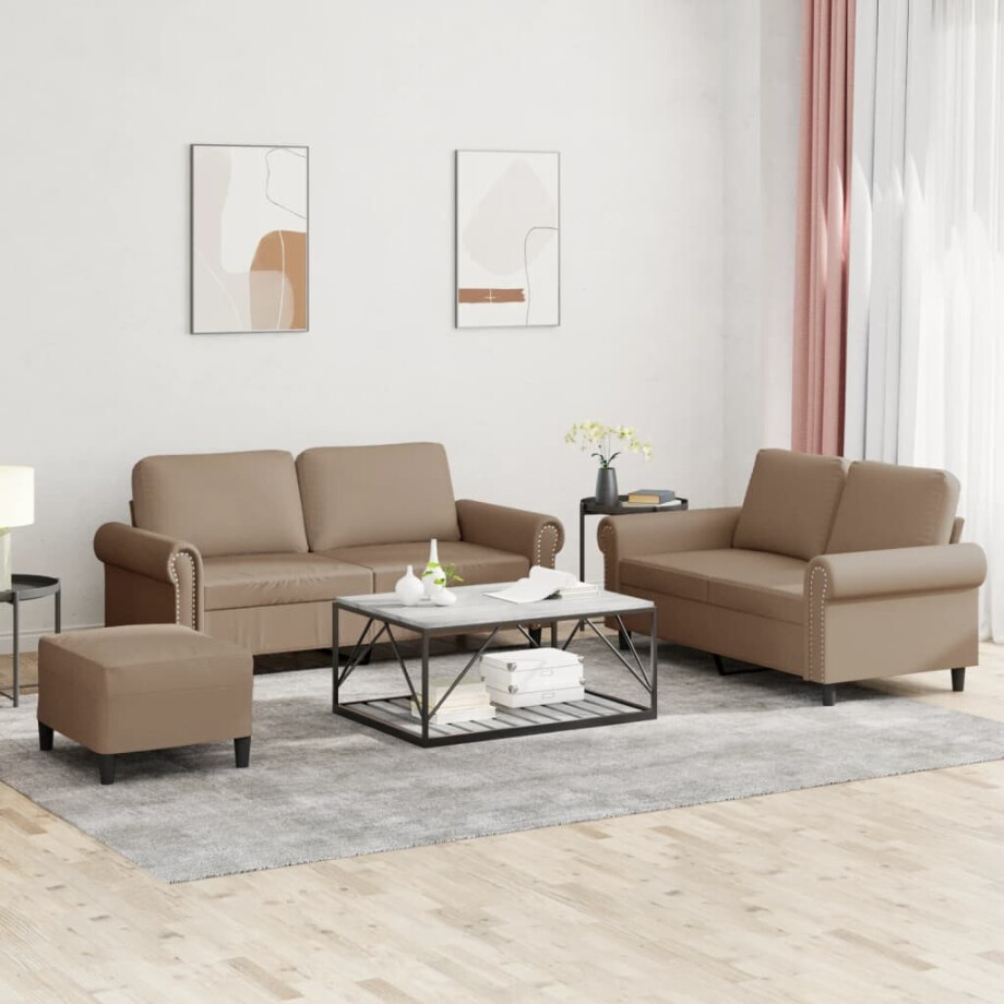 vidaXL 3-delige Loungeset met kussens kunstleer cappuccino afbeelding 1