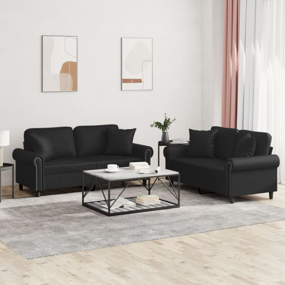 vidaXL 2-delige Loungeset met kussens kunstleer zwart afbeelding 1
