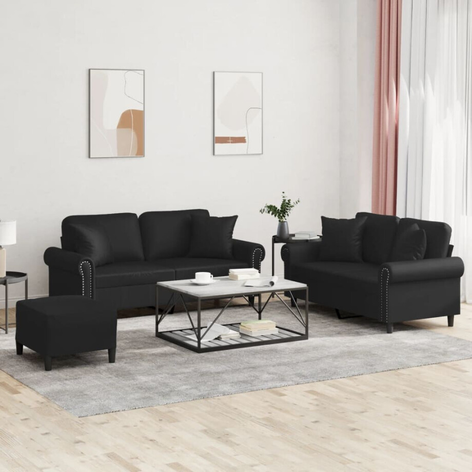vidaXL 3-delige Loungeset met kussens kunstleer zwart vidaXL 3-delige Loungeset met kussens kunstleer zwart afbeelding 1