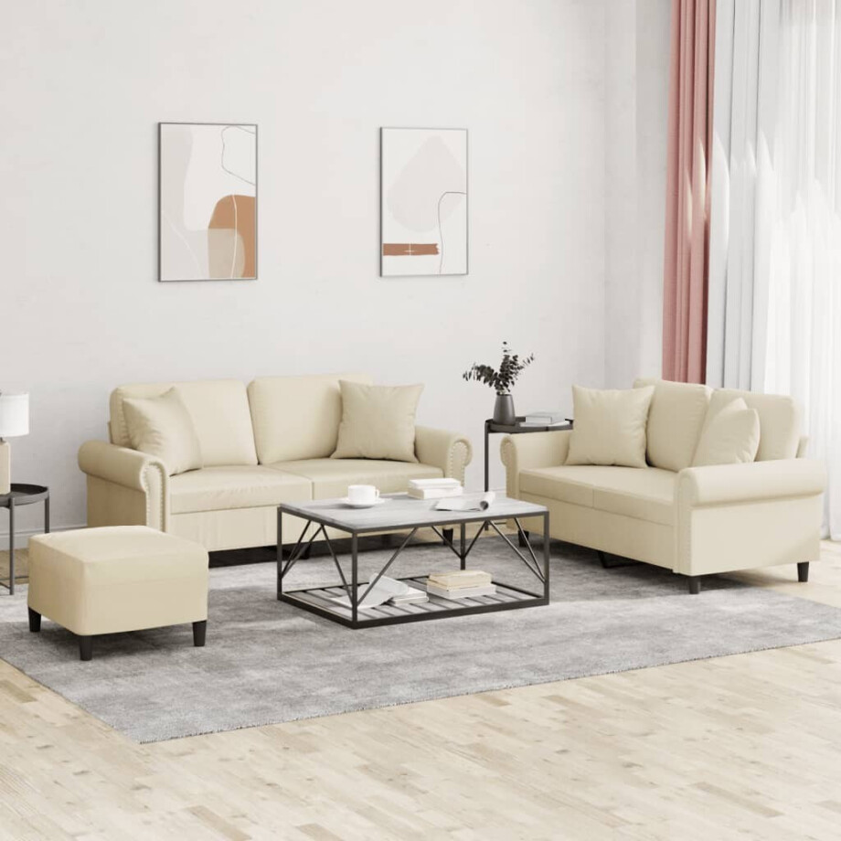 vidaXL 3-delige Loungeset met kussens kunstleer crèmekleurig afbeelding 1