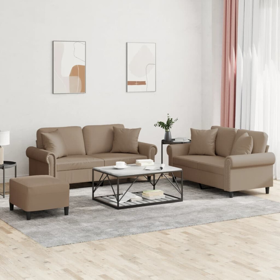 vidaXL 3-delige Loungeset met kussens kunstleer cappuccinokleurig afbeelding 1
