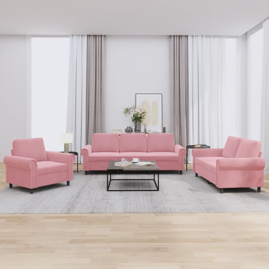 vidaXL 3-delige Loungeset met kussens fluweel roze afbeelding 1