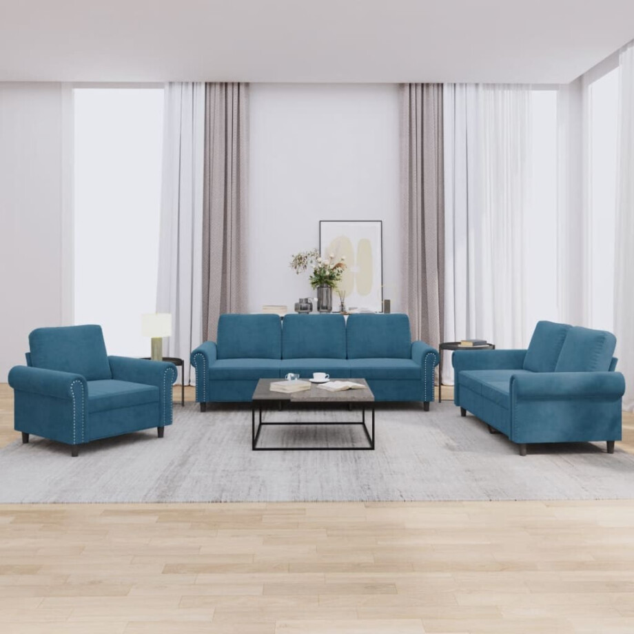 vidaXL 3-delige Loungeset met kussens fluweel blauw vidaXL 3-delige Loungeset met kussens fluweel blauw afbeelding 1