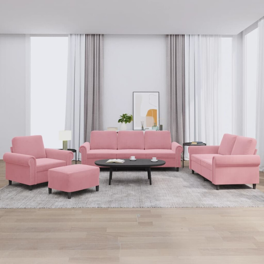 vidaXL 4-delige Loungeset met kussens fluweel roze afbeelding 1
