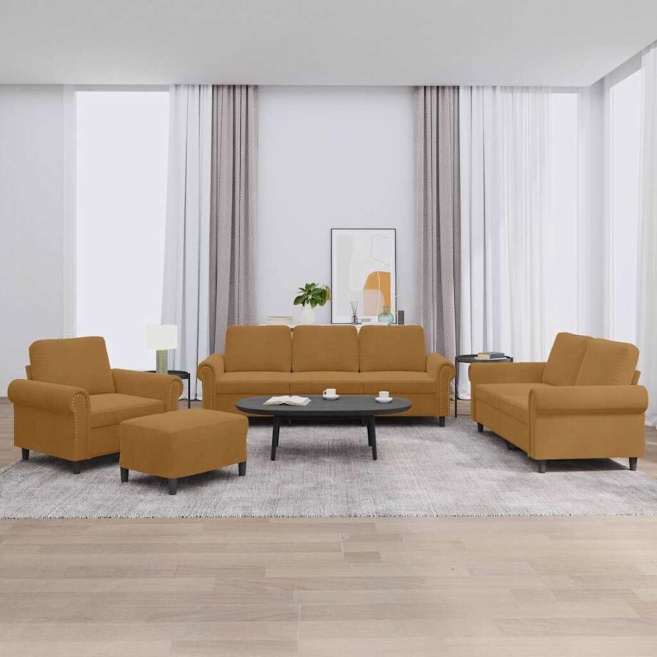 vidaXL 4-delige Loungeset met kussens fluweel bruin vidaXL 4-delige Loungeset met kussens fluweel bruin afbeelding 1