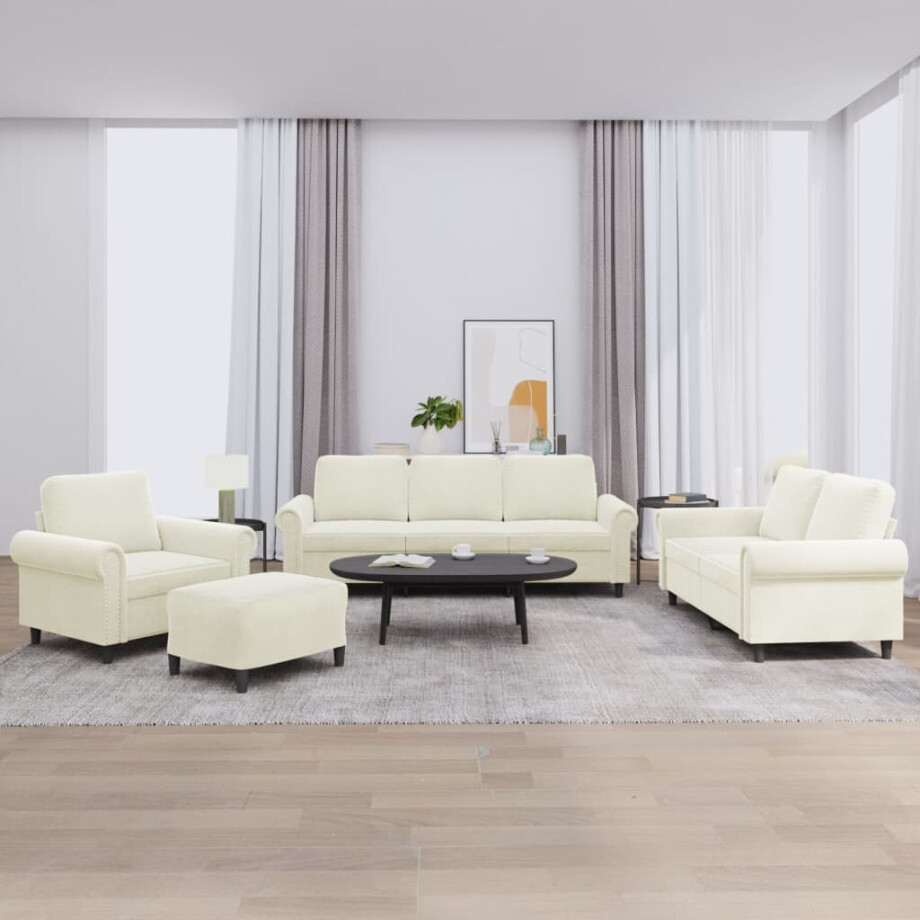 vidaXL 4-delige Loungeset met kussens fluweel crèmekleurig afbeelding 1