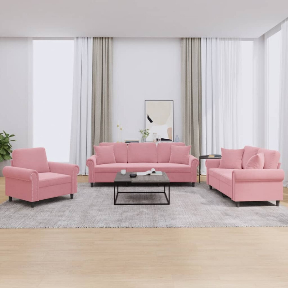 vidaXL 3-delige Loungeset met kussens fluweel roze afbeelding 1
