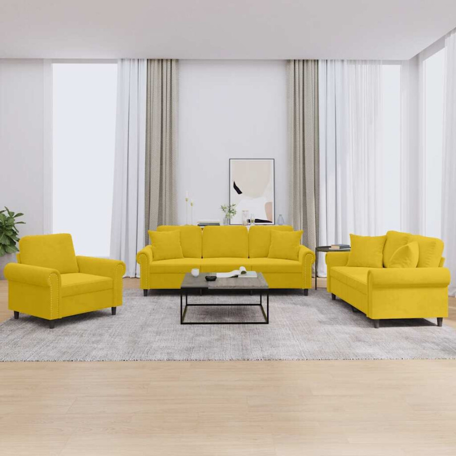 vidaXL 3-delige Loungeset met kussens fluweel geel afbeelding 1