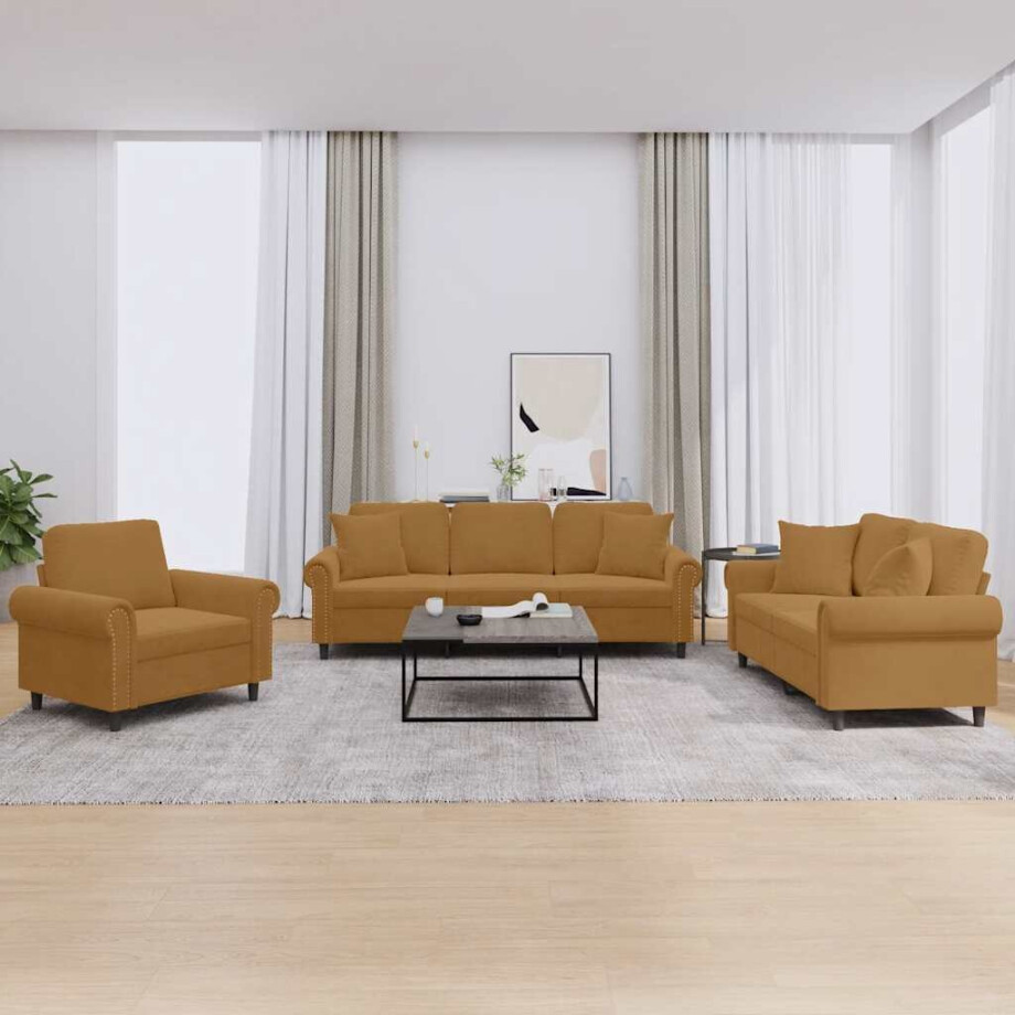vidaXL 3-delige Loungeset met kussens fluweel bruin vidaXL 3-delige Loungeset met kussens fluweel bruin afbeelding 1