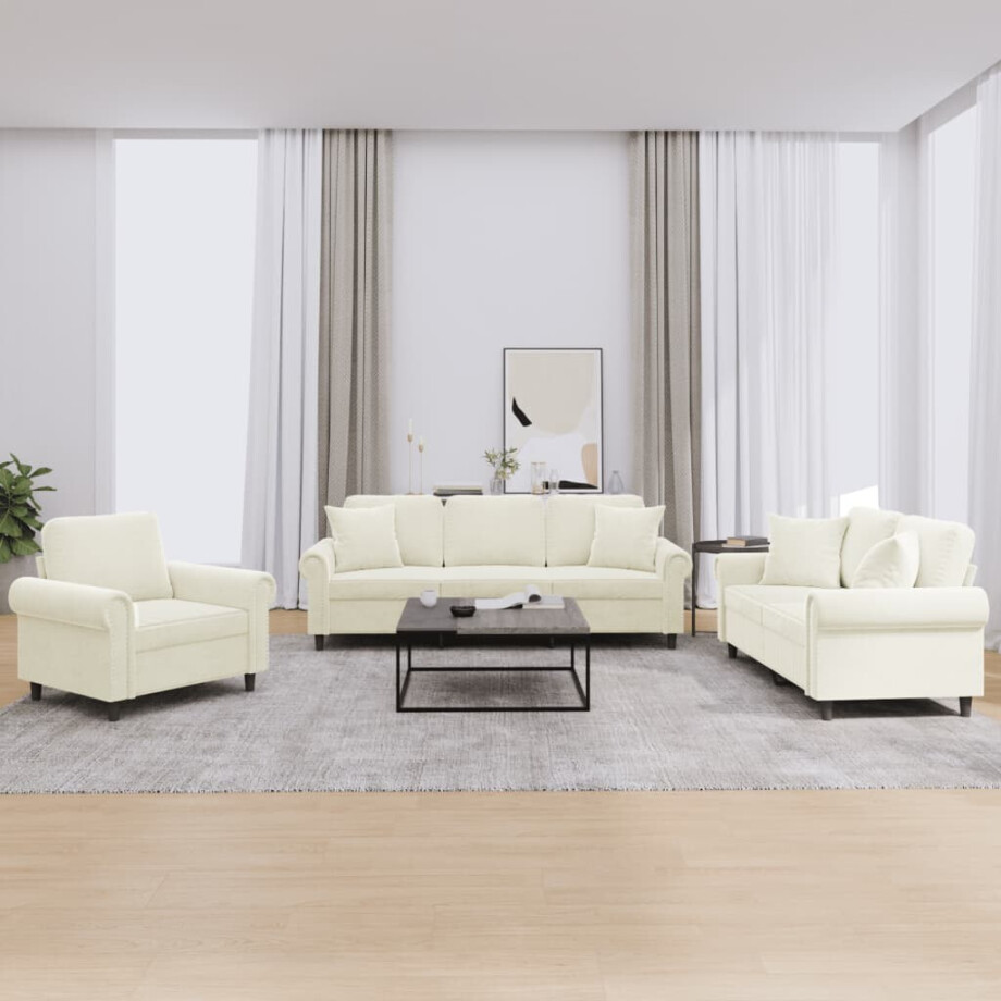 vidaXL 3-delige Loungeset met kussens fluweel crèmekleurig vidaXL 3-delige Loungeset met kussens fluweel crèmekleurig afbeelding 1
