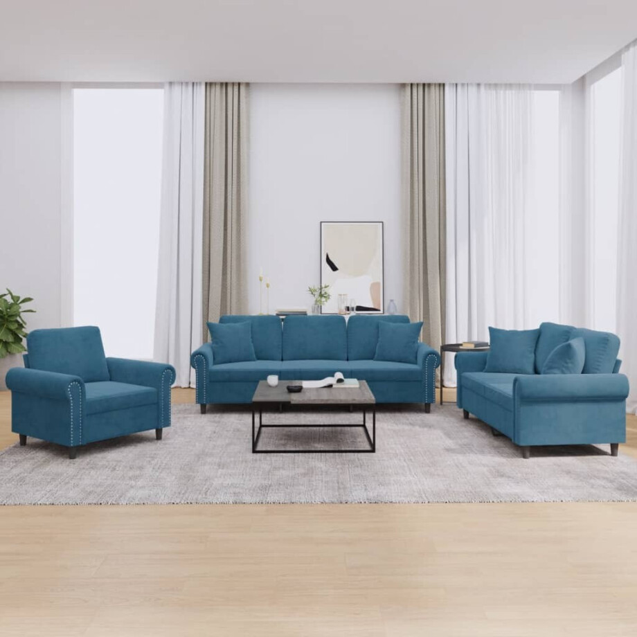 vidaXL 3-delige Loungeset met kussens fluweel blauw vidaXL 3-delige Loungeset met kussens fluweel blauw afbeelding 1
