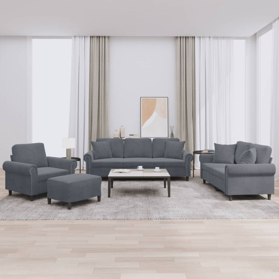 vidaXL 4-delige Loungeset met kussens fluweel donkergrijs afbeelding 1