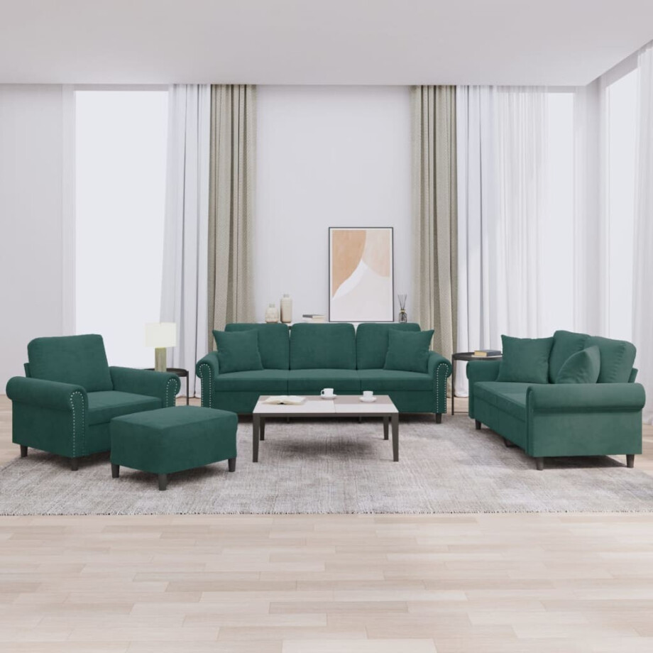 vidaXL 4-delige Loungeset met kussens fluweel donkergroen afbeelding 1