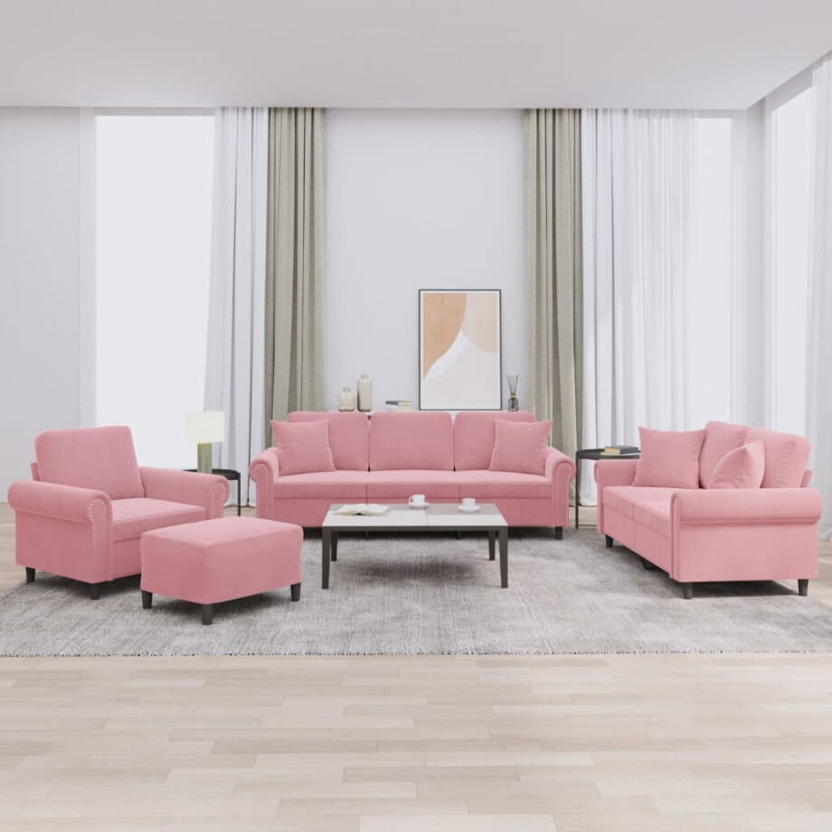 vidaXL 4-delige Loungeset met kussens fluweel roze afbeelding 1