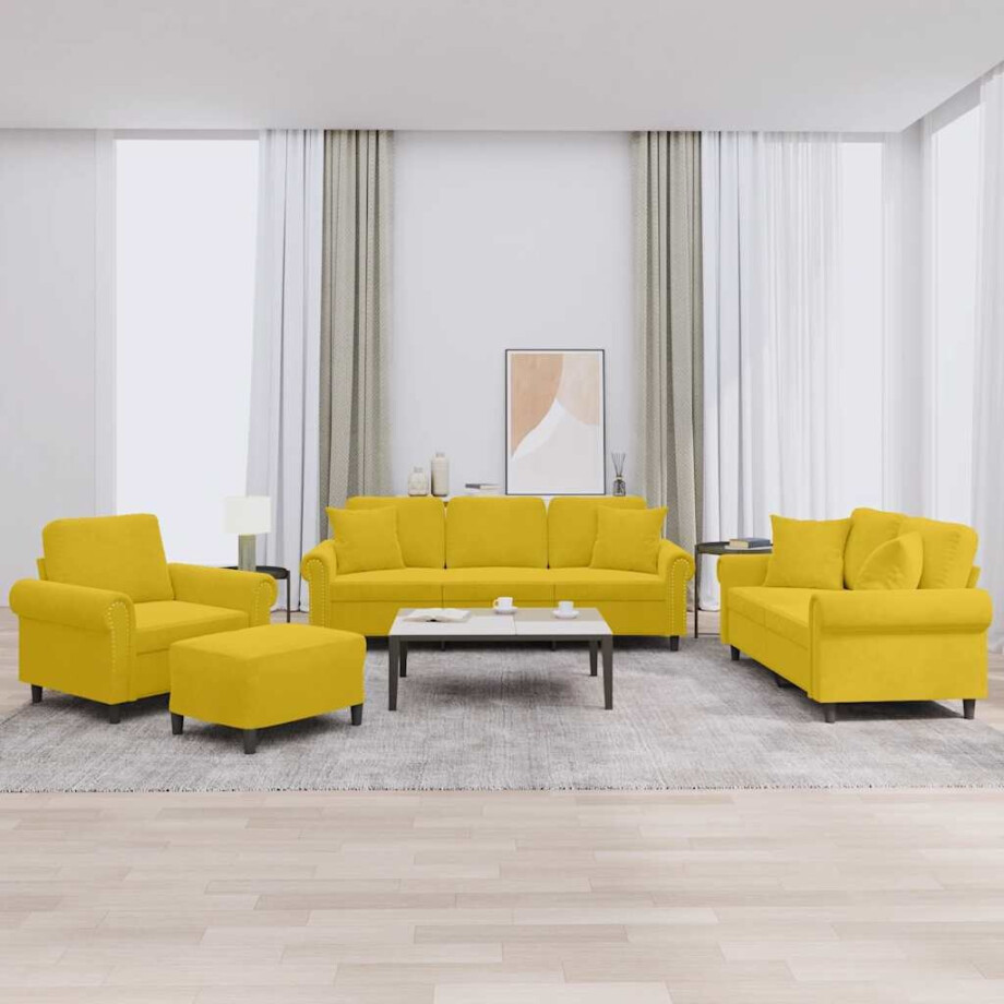 vidaXL 4-delige Loungeset met kussens fluweel geel afbeelding 1