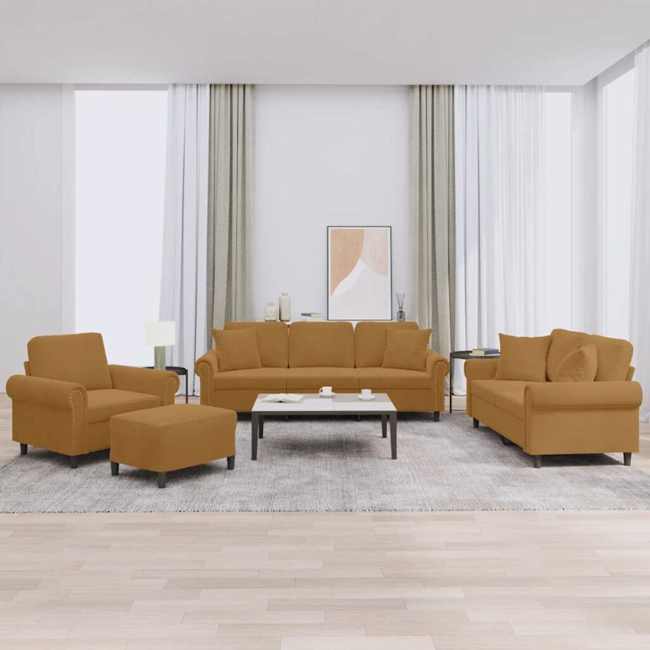 vidaXL 4-delige Loungeset met kussens fluweel bruin vidaXL 4-delige Loungeset met kussens fluweel bruin afbeelding 1