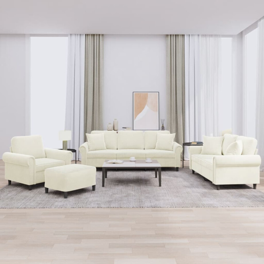 vidaXL 4-delige Loungeset met kussens fluweel crèmekleurig afbeelding 1