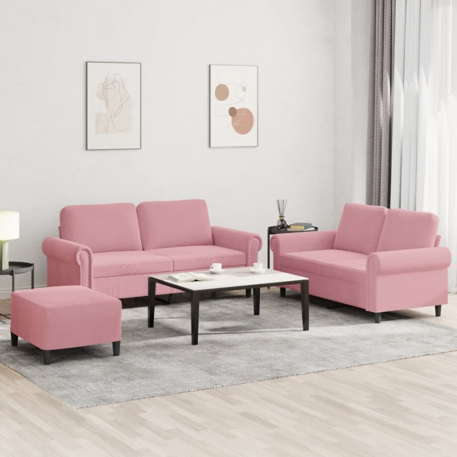 vidaXL 3-delige Loungeset met kussens fluweel roze afbeelding 1