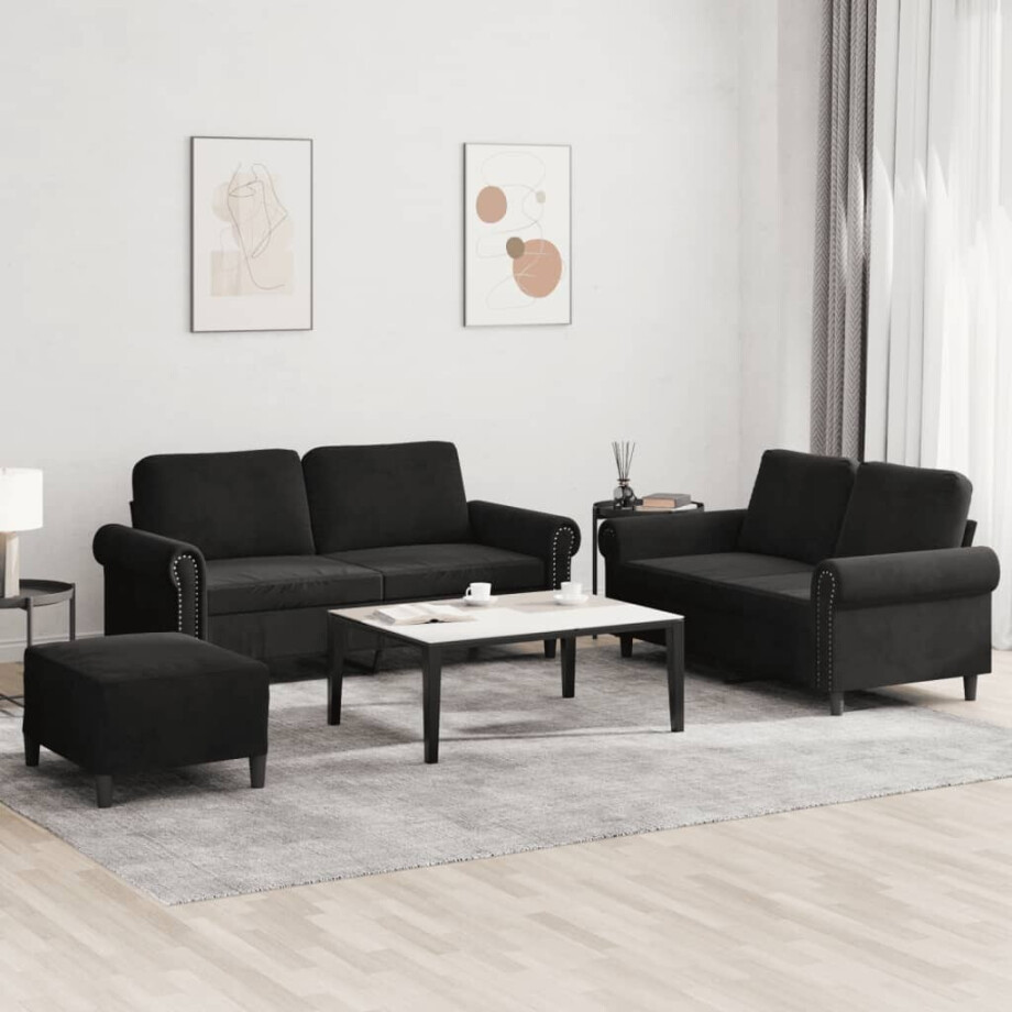vidaXL 3-delige Loungeset met kussens fluweel zwart vidaXL 3-delige Loungeset met kussens fluweel zwart afbeelding 1