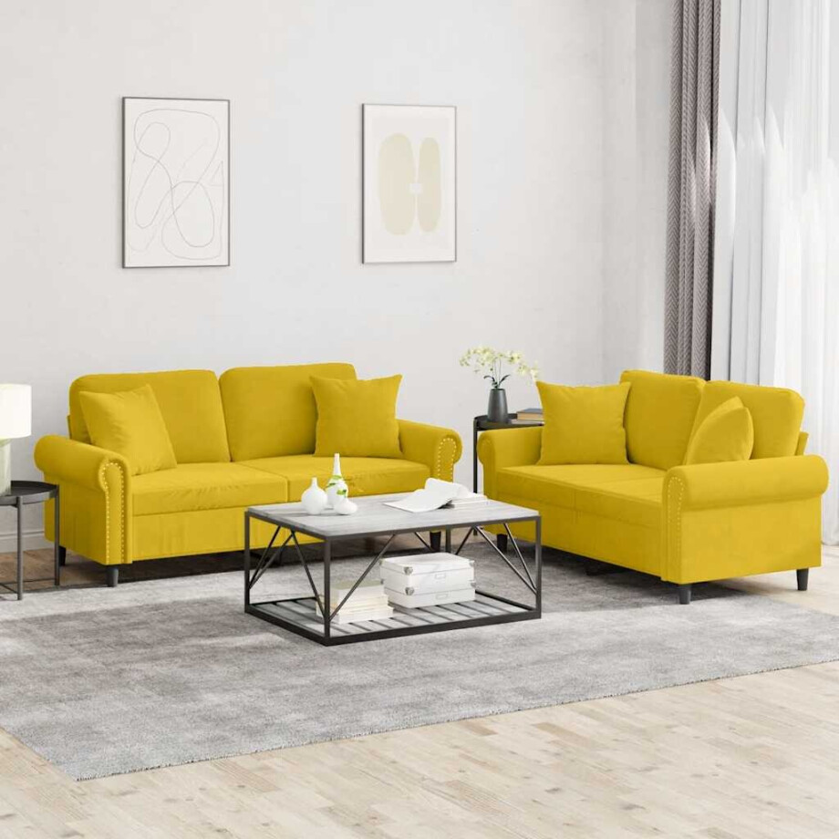 vidaXL 2-delige Loungeset met kussens fluweel geel afbeelding 1