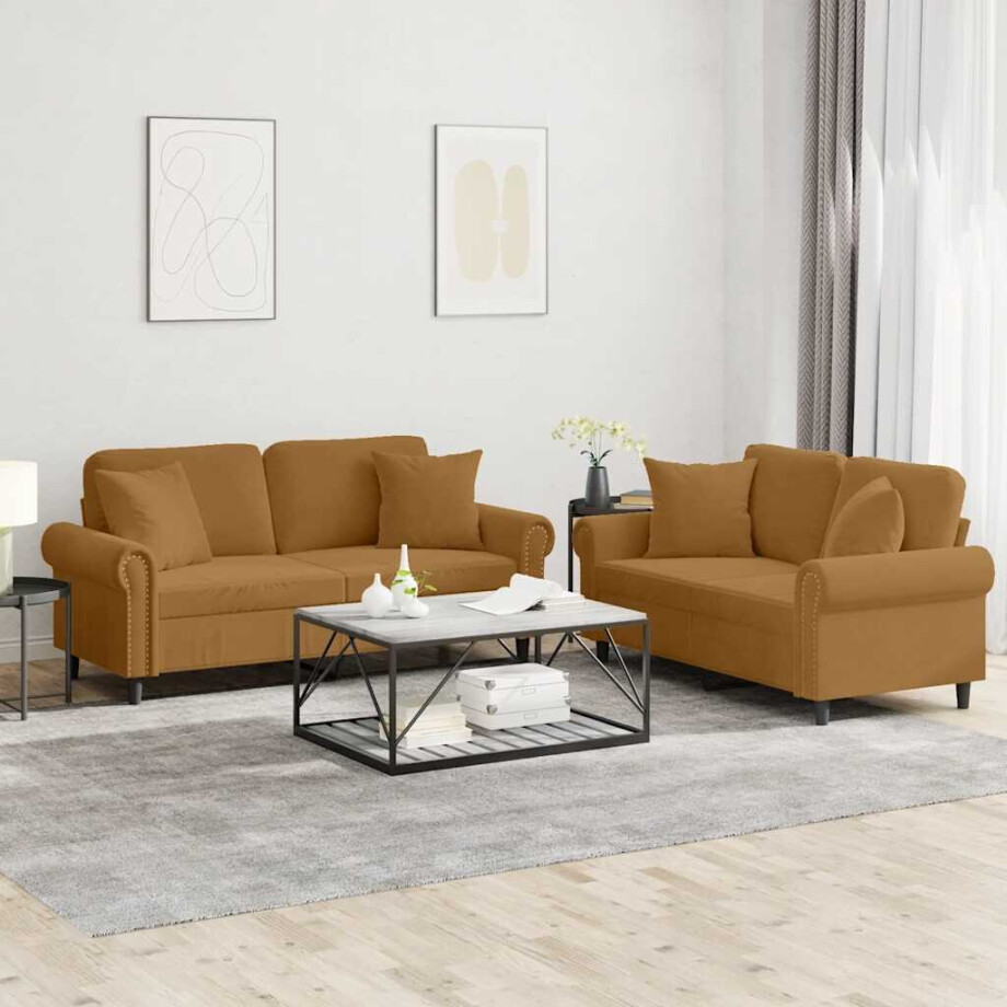 vidaXL 2-delige Loungeset met kussens fluweel bruin afbeelding 1