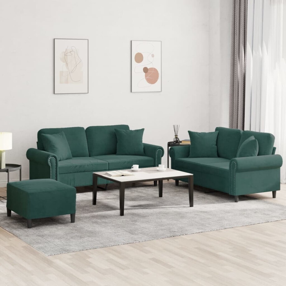 vidaXL 3-delige Loungeset met kussens fluweel donkergroen vidaXL 3-delige Loungeset met kussens fluweel donkergroen afbeelding 1