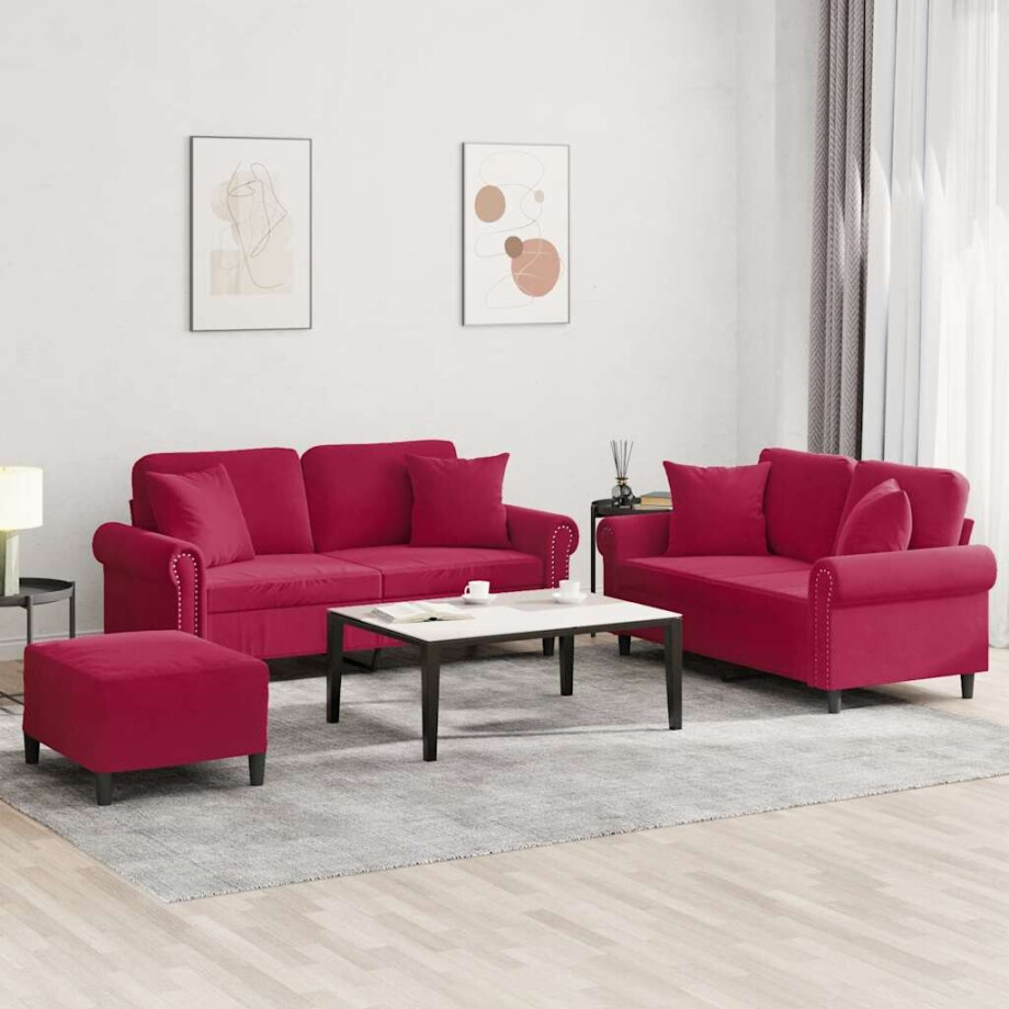 vidaXL 3-delige Loungeset met kussens fluweel wijnrood afbeelding 1